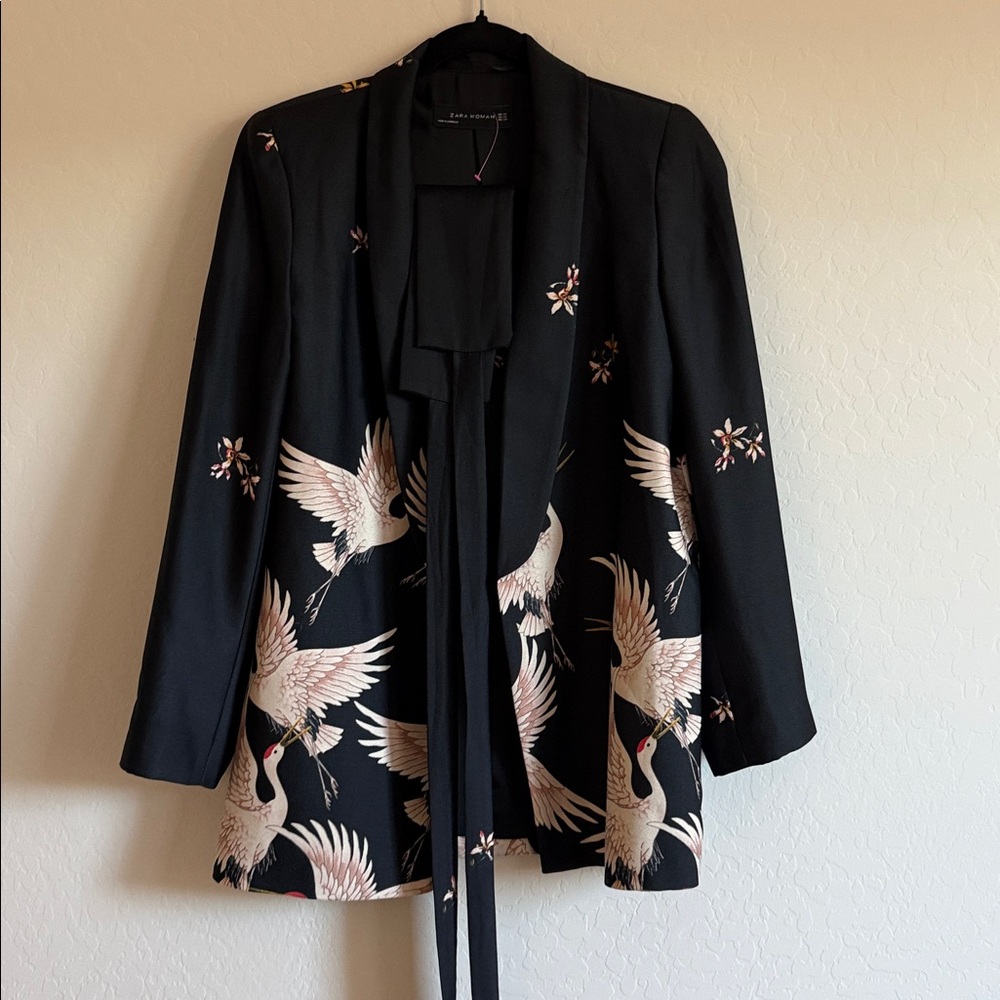 zara crane bird print blazer with sash belt Sz XS - Picture 10 of 16